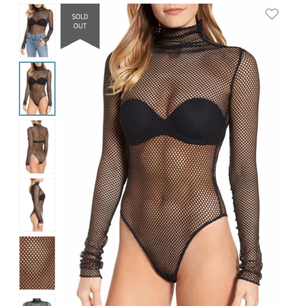 Good American Black Fishnet Long Sleeve Bodysuit